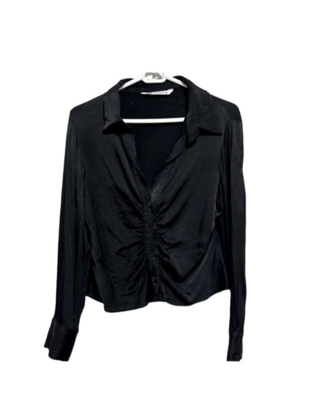 Zara Black Satin-Look Button-Up Shirt with Ruched Front Detail